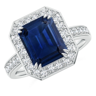 10x8mm AAA Emerald-Cut Blue Sapphire Engagement Ring with Diamond Halo in P950 Platinum