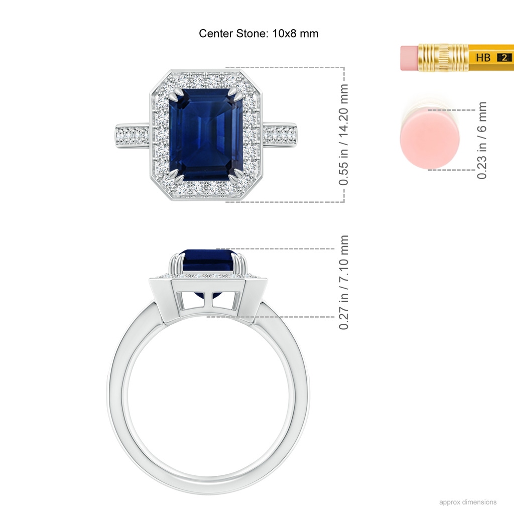 10x8mm AAA Emerald-Cut Blue Sapphire Engagement Ring with Diamond Halo in P950 Platinum ruler