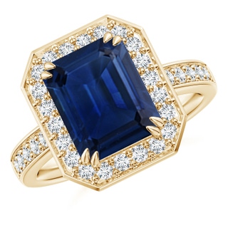 10x8mm AAA Emerald-Cut Blue Sapphire Engagement Ring with Diamond Halo in Yellow Gold