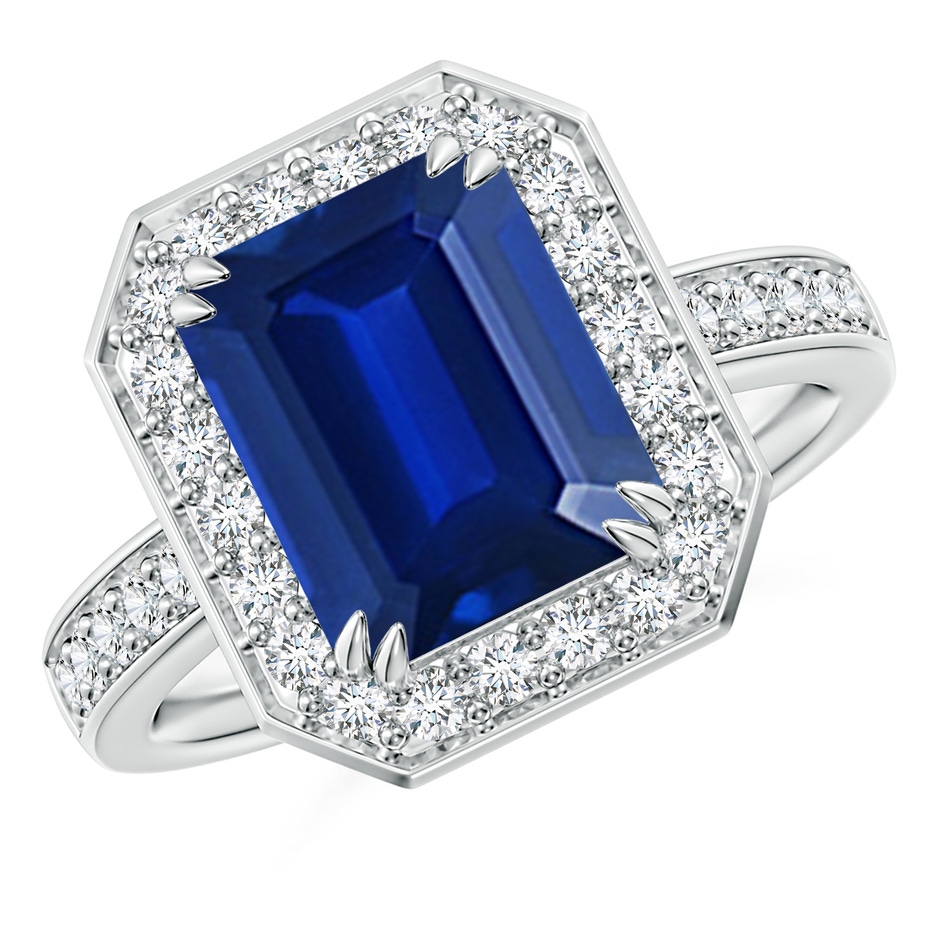 10x8mm Lab-Grown Emerald-Cut Blue Sapphire Engagement Ring with Diamond Halo in P950 Platinum 