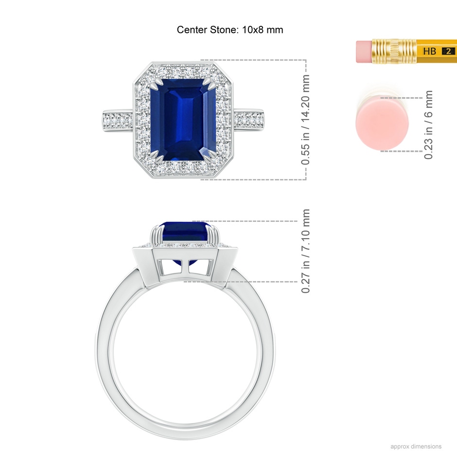 10x8mm Lab-Grown Emerald-Cut Blue Sapphire Engagement Ring with Diamond Halo in P950 Platinum ruler