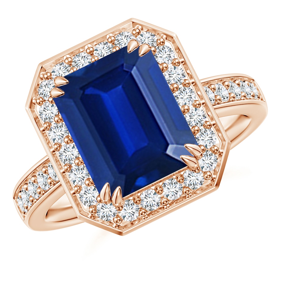 10x8mm Lab-Grown Emerald-Cut Blue Sapphire Engagement Ring with Diamond Halo in Rose Gold 