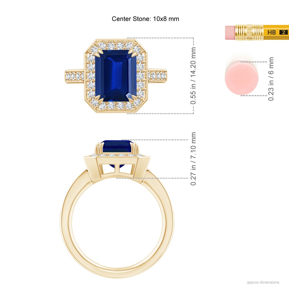 10x8mm Lab-Grown Emerald-Cut Blue Sapphire Engagement Ring with Diamond Halo in Yellow Gold ruler