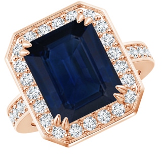 12x10mm AA Emerald-Cut Blue Sapphire Engagement Ring with Diamond Halo in Rose Gold