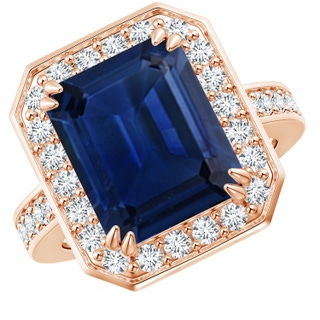 12x10mm AAA Emerald-Cut Blue Sapphire Engagement Ring with Diamond Halo in Rose Gold