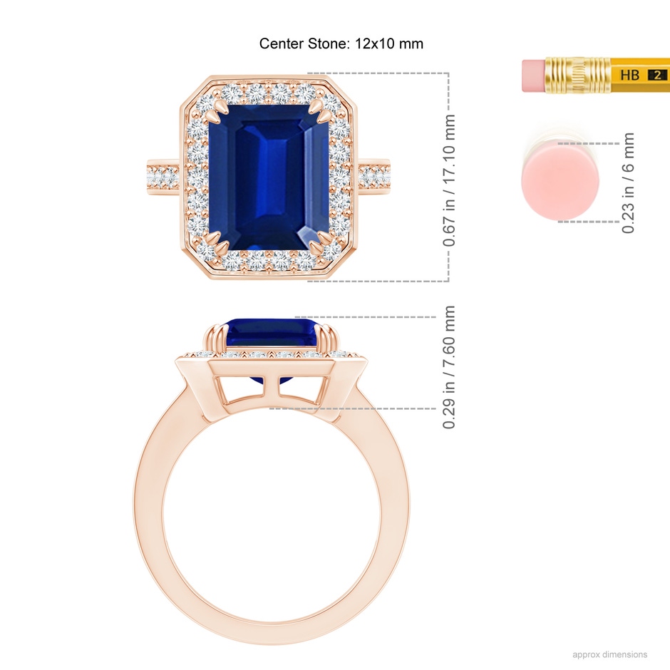 12x10mm Lab-Grown Emerald-Cut Blue Sapphire Engagement Ring with Diamond Halo in 18K Rose Gold ruler