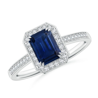 7x5mm AAA Emerald-Cut Blue Sapphire Engagement Ring with Diamond Halo in White Gold