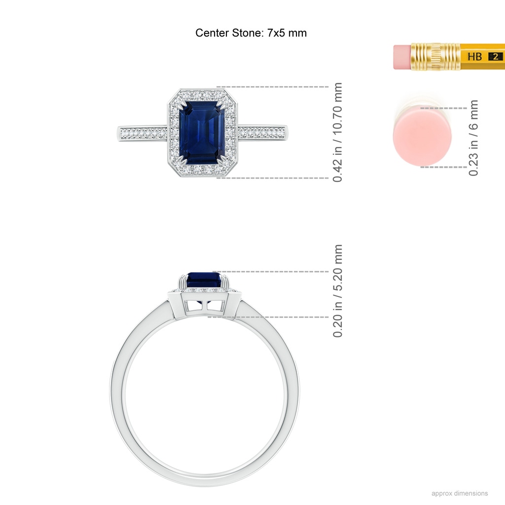 7x5mm AAA Emerald-Cut Blue Sapphire Engagement Ring with Diamond Halo in White Gold ruler
