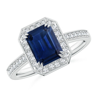 8x6mm AAA Emerald-Cut Blue Sapphire Engagement Ring with Diamond Halo in White Gold