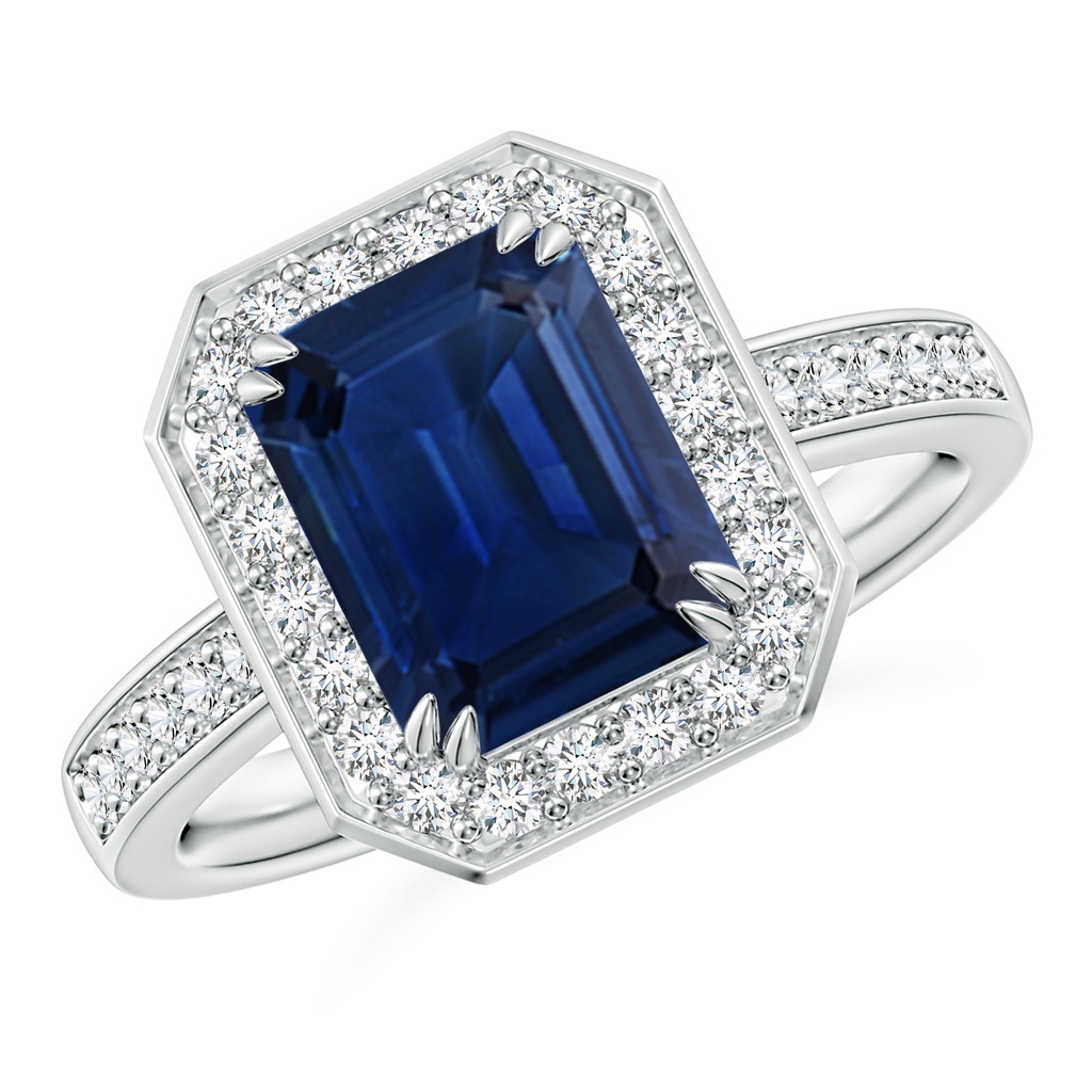 9x7mm AAA Emerald-Cut Blue Sapphire Engagement Ring with Diamond Halo in White Gold 