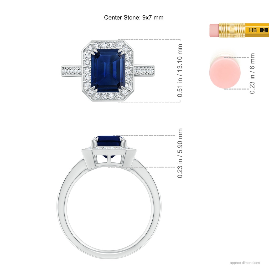 9x7mm AAA Emerald-Cut Blue Sapphire Engagement Ring with Diamond Halo in White Gold ruler