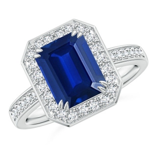 9x7mm AAAA Emerald-Cut Blue Sapphire Engagement Ring with Diamond Halo in P950 Platinum