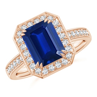 9x7mm AAAA Emerald-Cut Blue Sapphire Engagement Ring with Diamond Halo in Rose Gold