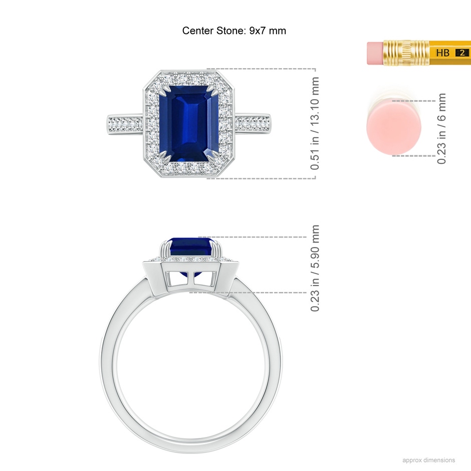 9x7mm Lab-Grown Emerald-Cut Blue Sapphire Engagement Ring with Diamond Halo in White Gold ruler