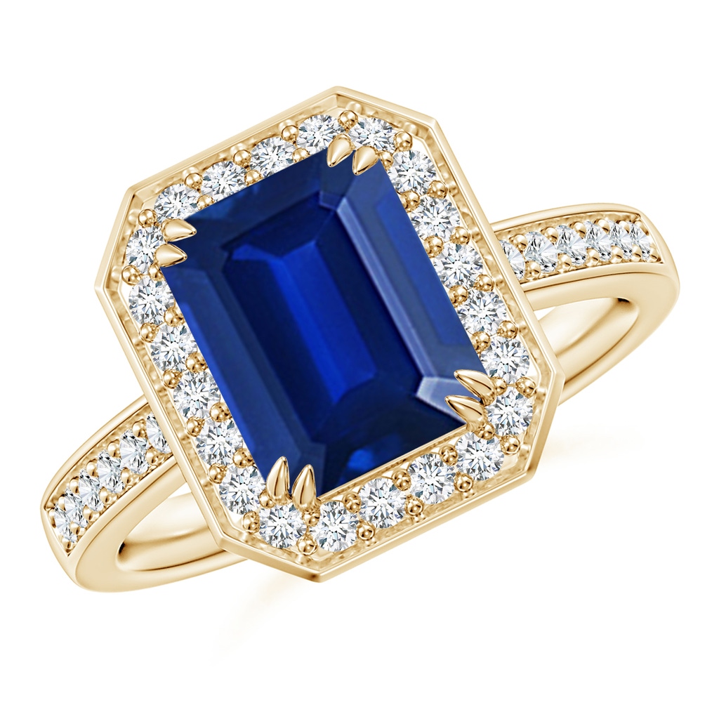 9x7mm Lab-Grown Emerald-Cut Blue Sapphire Engagement Ring with Diamond Halo in Yellow Gold