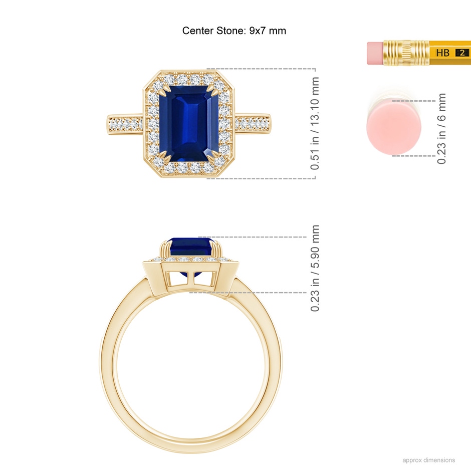 9x7mm Lab-Grown Emerald-Cut Blue Sapphire Engagement Ring with Diamond Halo in Yellow Gold ruler