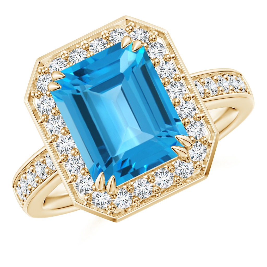 10x8mm AAA Emerald-Cut Swiss Blue Topaz Engagement Ring with Diamonds in Yellow Gold