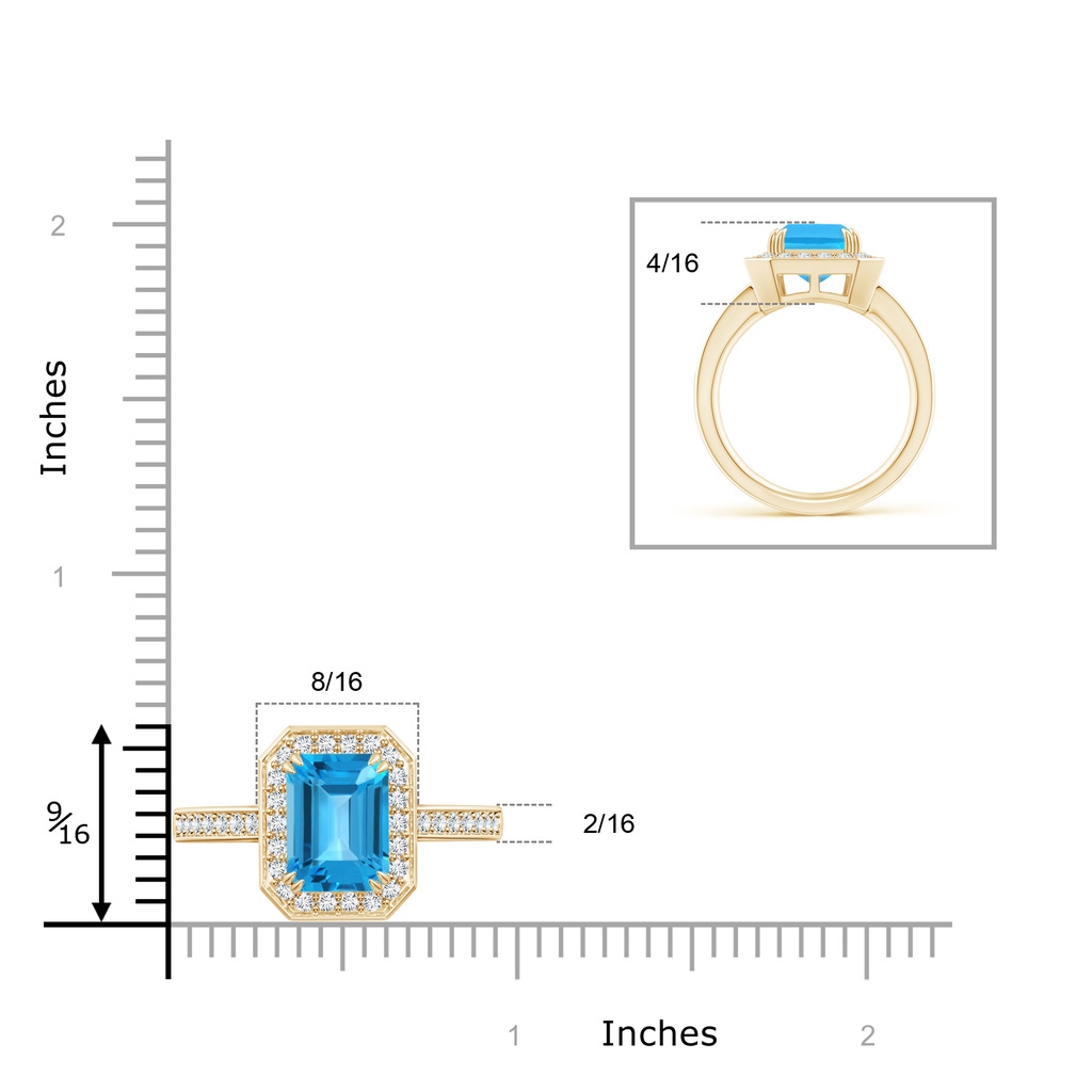 10x8mm AAA Emerald-Cut Swiss Blue Topaz Engagement Ring with Diamonds in Yellow Gold Ruler