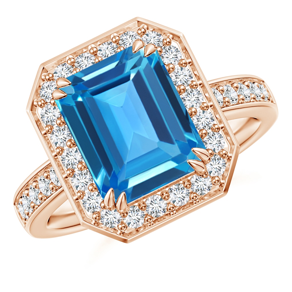 10x8mm AAAA Emerald-Cut Swiss Blue Topaz Engagement Ring with Diamonds in Rose Gold