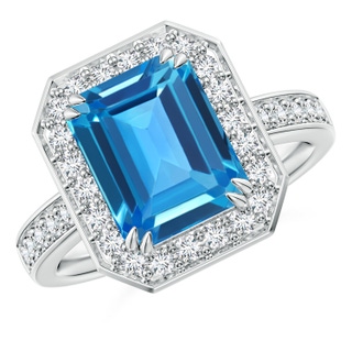 10x8mm AAAA Emerald-Cut Swiss Blue Topaz Engagement Ring with Diamonds in White Gold