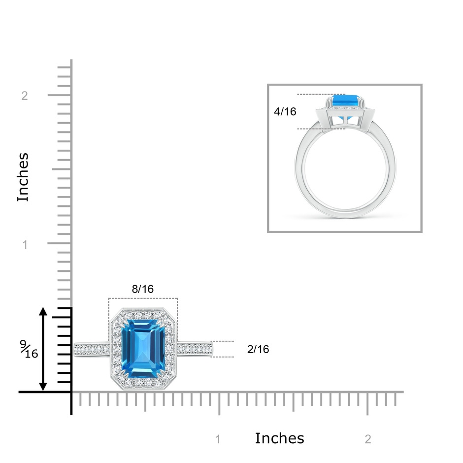 10x8mm AAAA Emerald-Cut Swiss Blue Topaz Engagement Ring with Diamonds in White Gold ruler