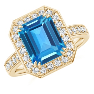 10x8mm AAAA Emerald-Cut Swiss Blue Topaz Engagement Ring with Diamonds in Yellow Gold