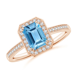 7x5mm AA Emerald-Cut Swiss Blue Topaz Engagement Ring with Diamonds in 10K Rose Gold