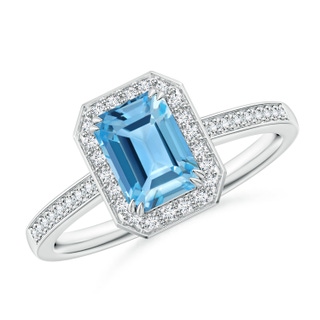 7x5mm AA Emerald-Cut Swiss Blue Topaz Engagement Ring with Diamonds in 9K White Gold
