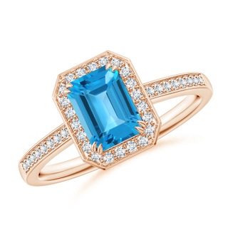 7x5mm AAA Emerald-Cut Swiss Blue Topaz Engagement Ring with Diamonds in 9K Rose Gold