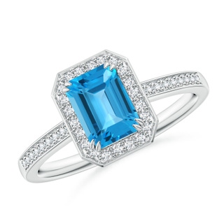 7x5mm AAA Emerald-Cut Swiss Blue Topaz Engagement Ring with Diamonds in White Gold