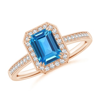 7x5mm AAAA Emerald-Cut Swiss Blue Topaz Engagement Ring with Diamonds in 10K Rose Gold