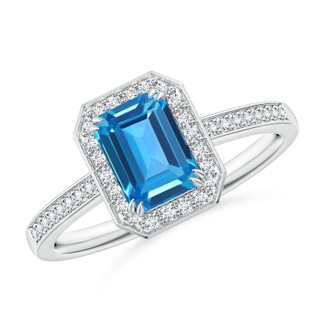 7x5mm AAAA Emerald-Cut Swiss Blue Topaz Engagement Ring with Diamonds in P950 Platinum