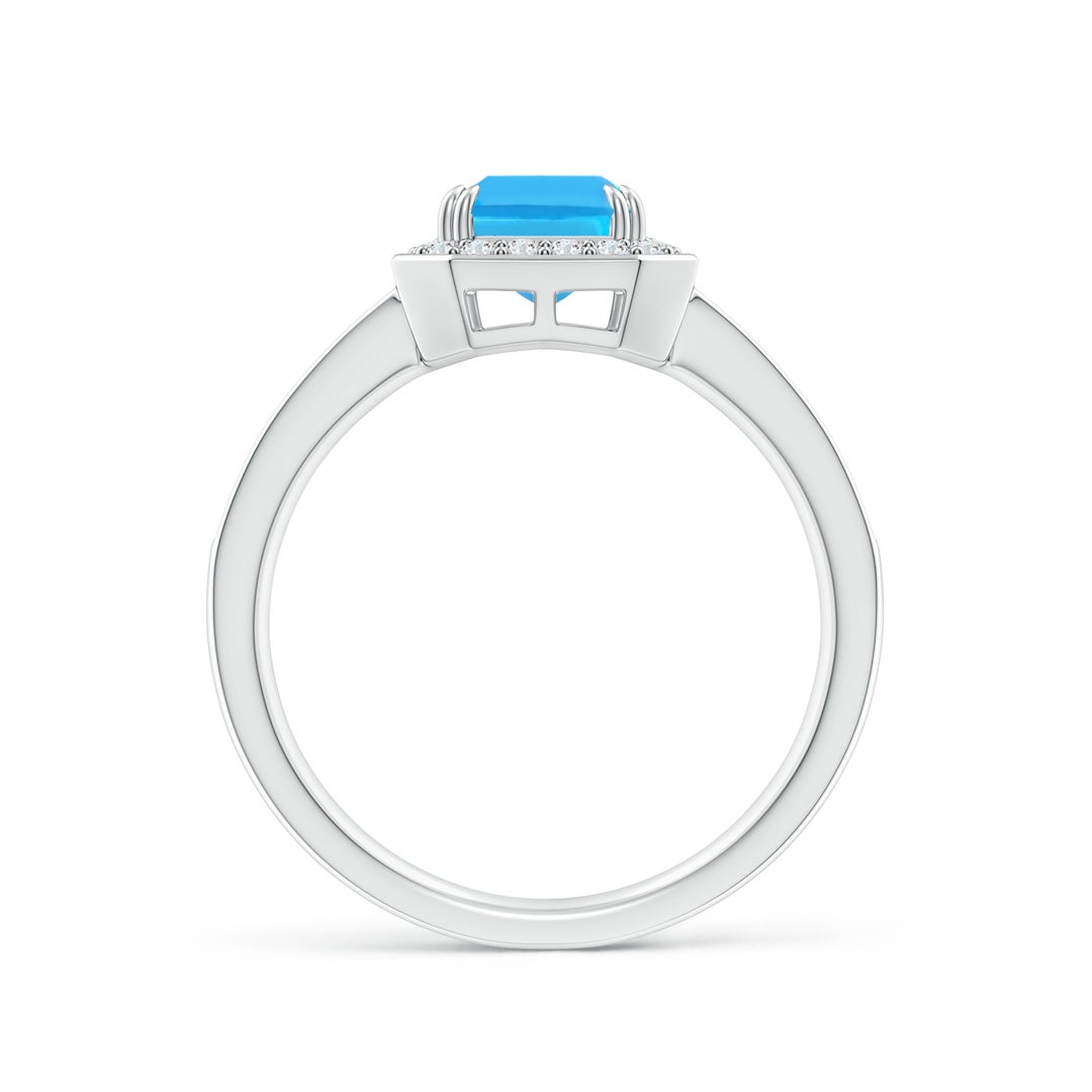 8x6mm AAA Emerald-Cut Swiss Blue Topaz Engagement Ring with Diamonds in White Gold - side 2