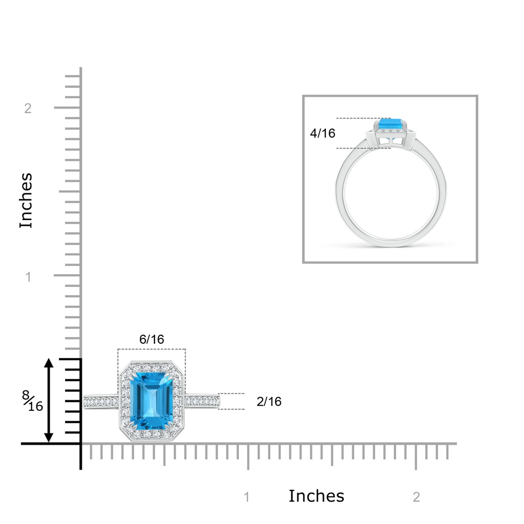 8x6mm AAA Emerald-Cut Swiss Blue Topaz Engagement Ring with Diamonds in White Gold Ruler