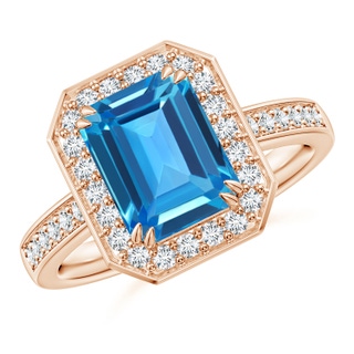 9x7mm AAAA Emerald-Cut Swiss Blue Topaz Engagement Ring with Diamonds in 10K Rose Gold