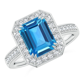 9x7mm AAAA Emerald-Cut Swiss Blue Topaz Engagement Ring with Diamonds in White Gold