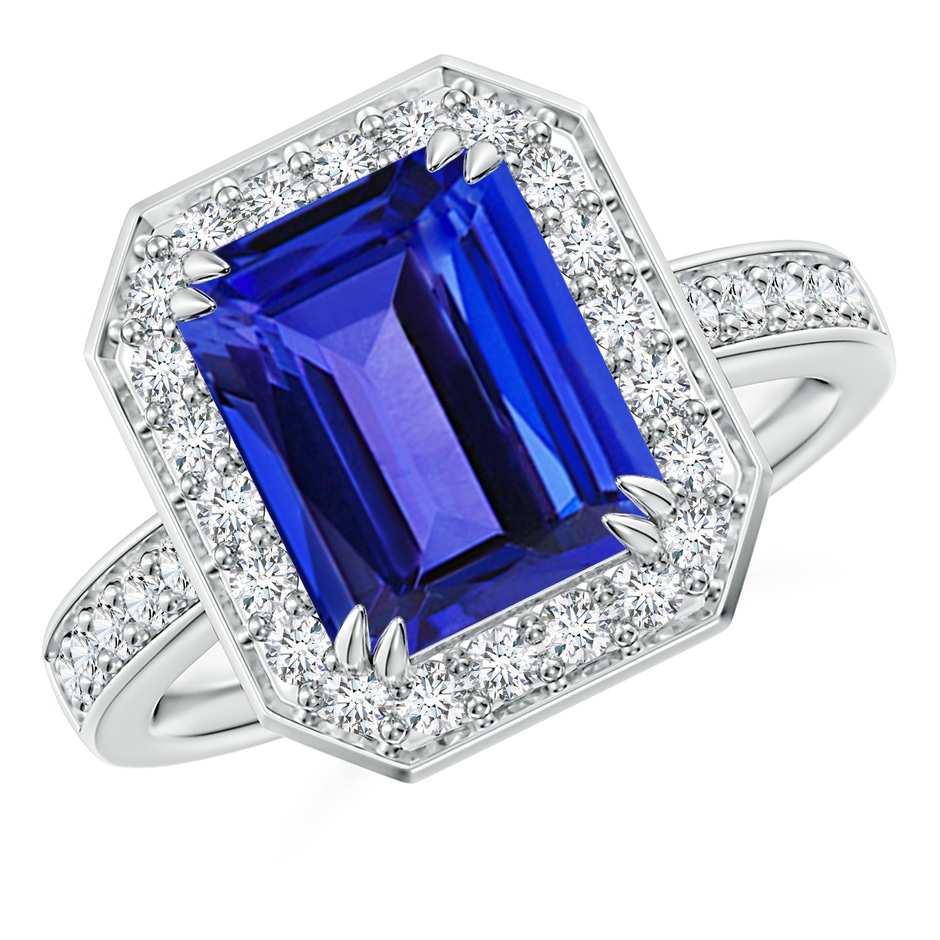 10x8mm AAAA Emerald-Cut Tanzanite Engagement Ring with Diamond Halo in White Gold 