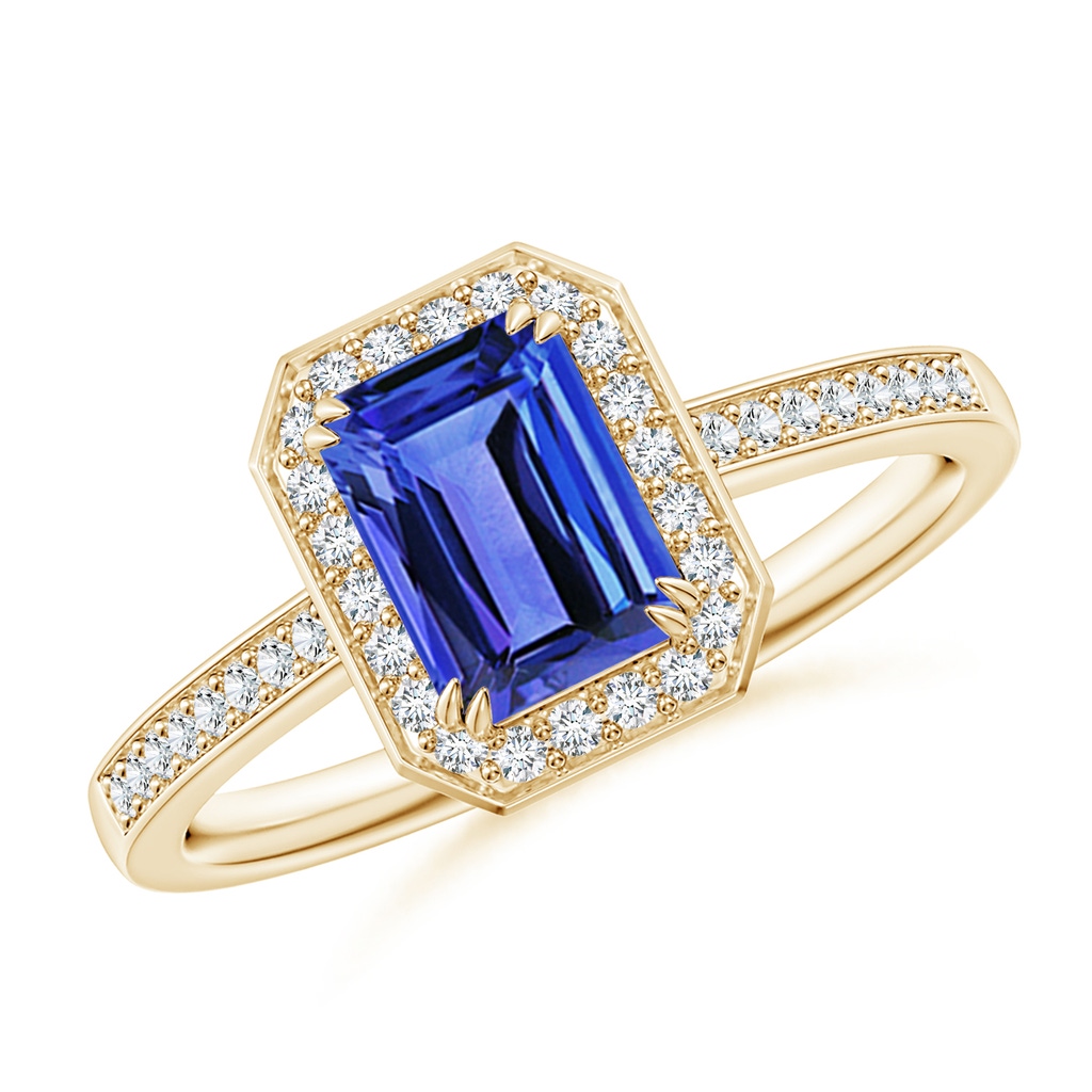 7x5mm AAA Emerald-Cut Tanzanite Engagement Ring with Diamond Halo in Yellow Gold