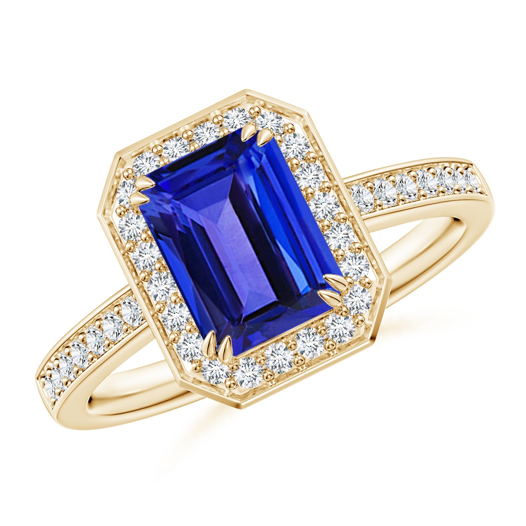 8x6mm AAAA Emerald-Cut Tanzanite Engagement Ring with Diamond Halo in Yellow Gold