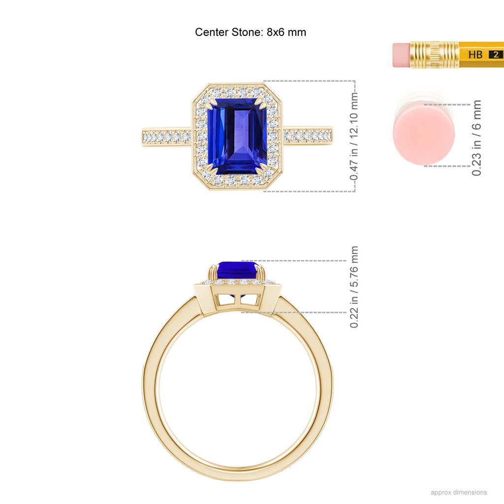 8x6mm AAAA Emerald-Cut Tanzanite Engagement Ring with Diamond Halo in Yellow Gold Ruler