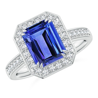 9x7mm AAA Emerald-Cut Tanzanite Engagement Ring with Diamond Halo in P950 Platinum