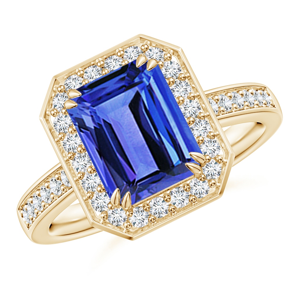 9x7mm AAA Emerald-Cut Tanzanite Engagement Ring with Diamond Halo in Yellow Gold