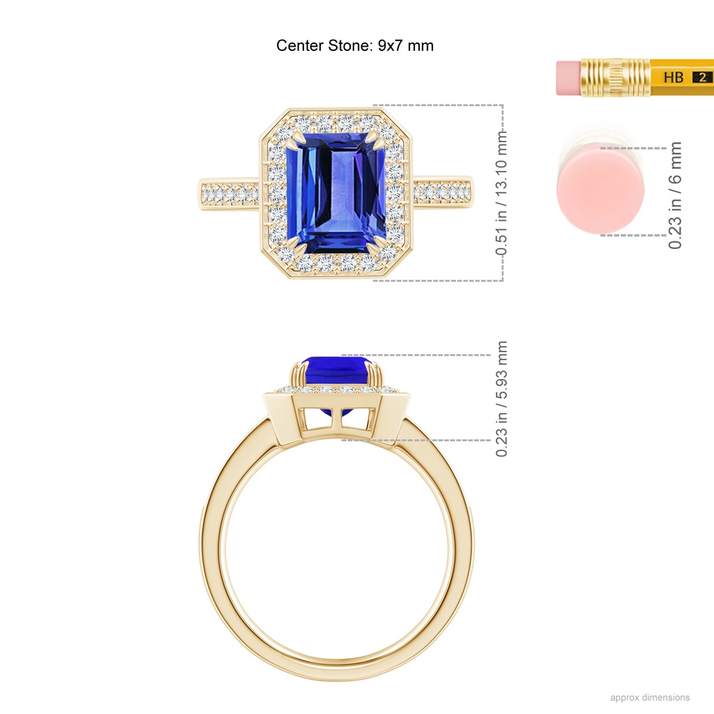 9x7mm AAA Emerald-Cut Tanzanite Engagement Ring with Diamond Halo in Yellow Gold Ruler