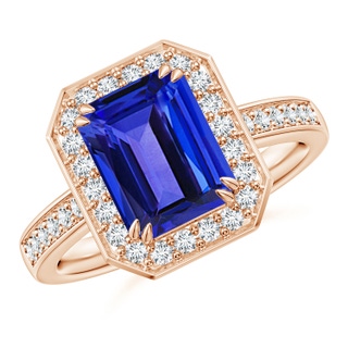 9x7mm AAAA Emerald-Cut Tanzanite Engagement Ring with Diamond Halo in 9K Rose Gold