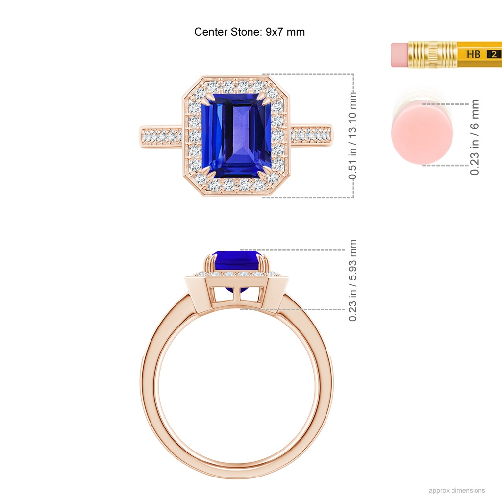 9x7mm AAAA Emerald-Cut Tanzanite Engagement Ring with Diamond Halo in Rose Gold Ruler