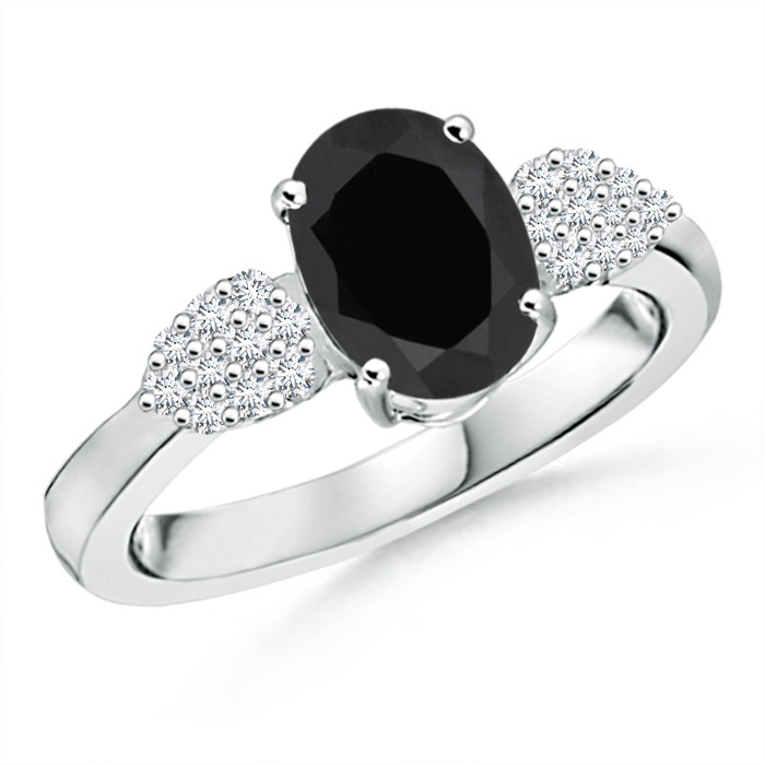 9x7mm AAA Oval Black Onyx Solitaire Ring with Diamond Accents in White Gold