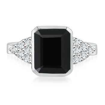 9x7mm AAA Emerald-Cut Black Onyx Cocktail Ring with Diamond Accents in White Gold 