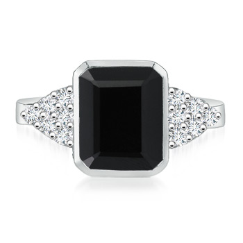 9x7mm AAA Emerald-Cut Black Onyx Cocktail Ring with Diamond Accents in White Gold