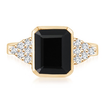 9x7mm AAA Emerald-Cut Black Onyx Cocktail Ring with Diamond Accents in Yellow Gold