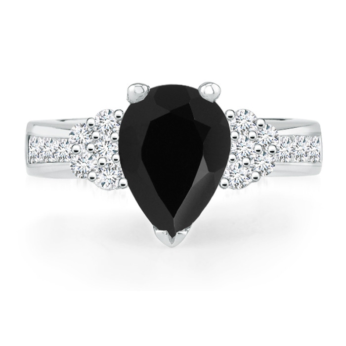 9x6mm AAA Pear Black Onyx Solitaire Ring with Diamond Accents in White Gold